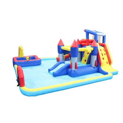 7 in1 Inflatable slide water park trampoline bouncing house yard garden with splash pool & water gun & basketball & climbing wall & dual pools & soccer