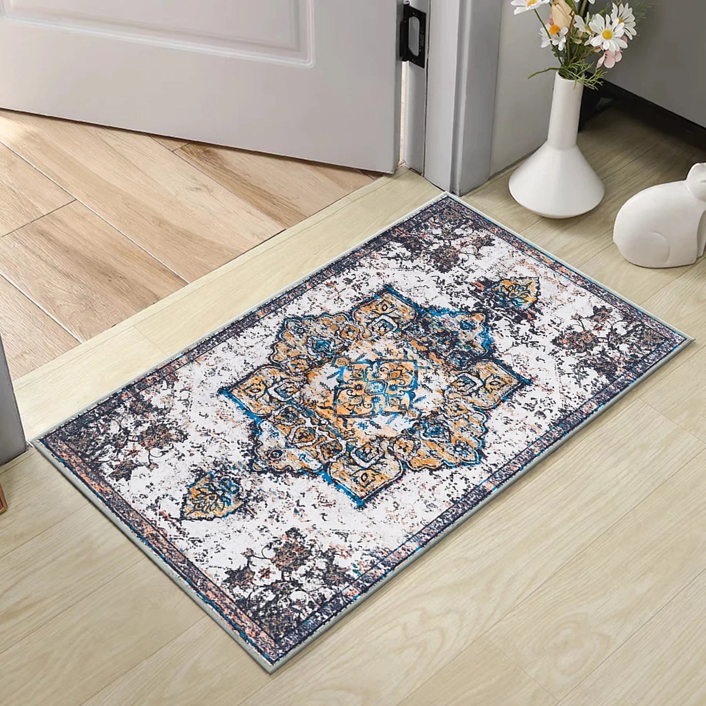 TECHVIDA Kitchen Rugs 4 Piece Set,Non Slip Machine Washable Kitchen Mats,Boho Vintage Abstract Kitchen Carpet for Farmhouse Living Room Hallway