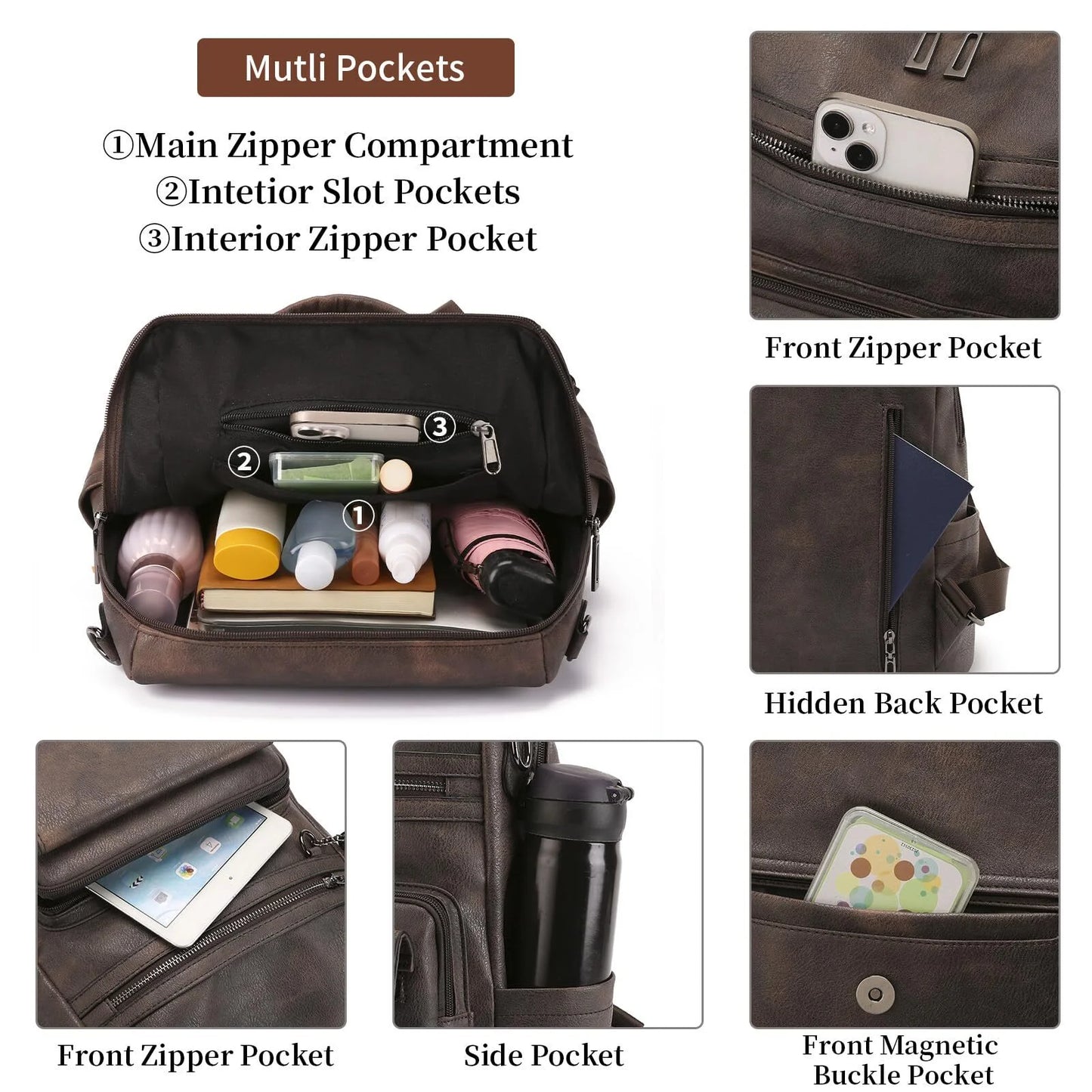 HONGLONG Women's Backpacks Purses Multipurpose Design Handbags Shoulder Bags PU Leather Travel Bags Backpacks