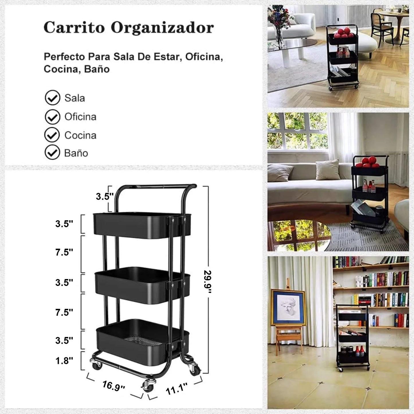 Werseon Rolling Carts with Wheels Organizer Kitchen Organizer Cart Rolling Cart with Handle, Kitchen Storage Cabinet with Baskets and Wheels