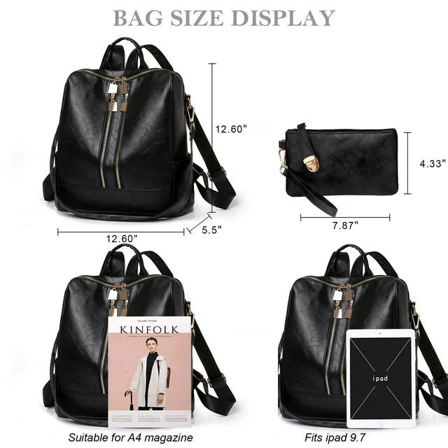 BATE Women's Backpack, Large Capacity Backpack,Leather Handbags and Shoulder Bag Travel Bags,Black