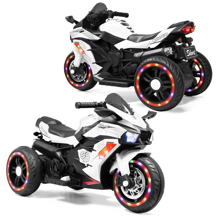HNH 12V Kids Motorcycle Children Electric Motorcycle 3 Wheels Motorcycle with Bluetooth,White