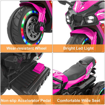 Cheelom 12V Kids Electric Motorcycle/ Ride on Motorbike, Three lighting Wheels Music,LED，Buletooth，Pink