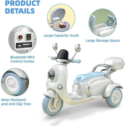 HNH Kids Motorcycle 2 Seats, 12V Ride On Electric Motorcycle, 3 Wheels Kids Motorbike with USB, Bluetooth, Light, Storage Box, Motorcycle for Kids Aged 2-6, Blue