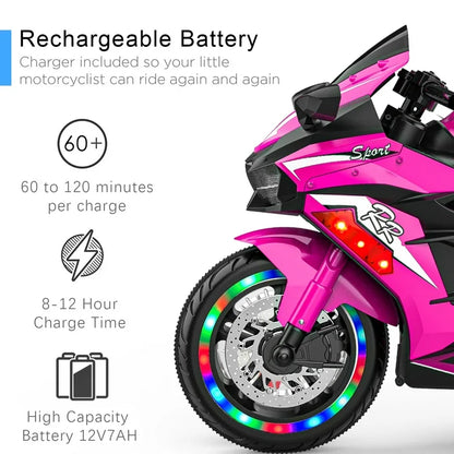 Zogymoz 12V Ride on Motorcycle for Kids, Pink Electric Dirt Bike with LED Light, Bluetooth Music, Motorbike Ride on Toy
