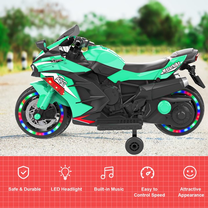 Cheelom 12V Kids Ride on Motorcycle, 2 Wheels Motorbike for Kids with Training, Lights,Music Green