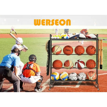 Werseon Basketball Rack,Ball Storage Stand,4 Tier Balls Organizer Rack with Holder & Hooks,41x15x46 inch
