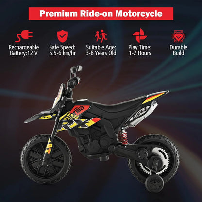 12V Kids Motorcycle, Licensed Aprilia Electric Motorcycle Ride On Toy w/Training Wheels, Spring Suspension, LED Lights, Sounds & Music, Battery Powered Dirt Bike for Boys & Girls, Yellow