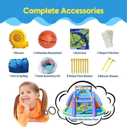 Oversized Infltable Water Slide, Large Water Bounce House with 750W Blower and 2 Water Slides, 175" x 165" x 90"