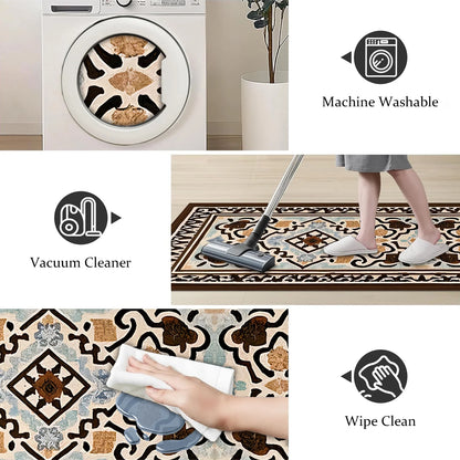 TECHVIDA Kitchen Rugs 4 Piece Set,Non Slip Machine Washable Kitchen Mats,Boho Vintage Abstract Kitchen Carpet for Farmhouse Living Room Hallway