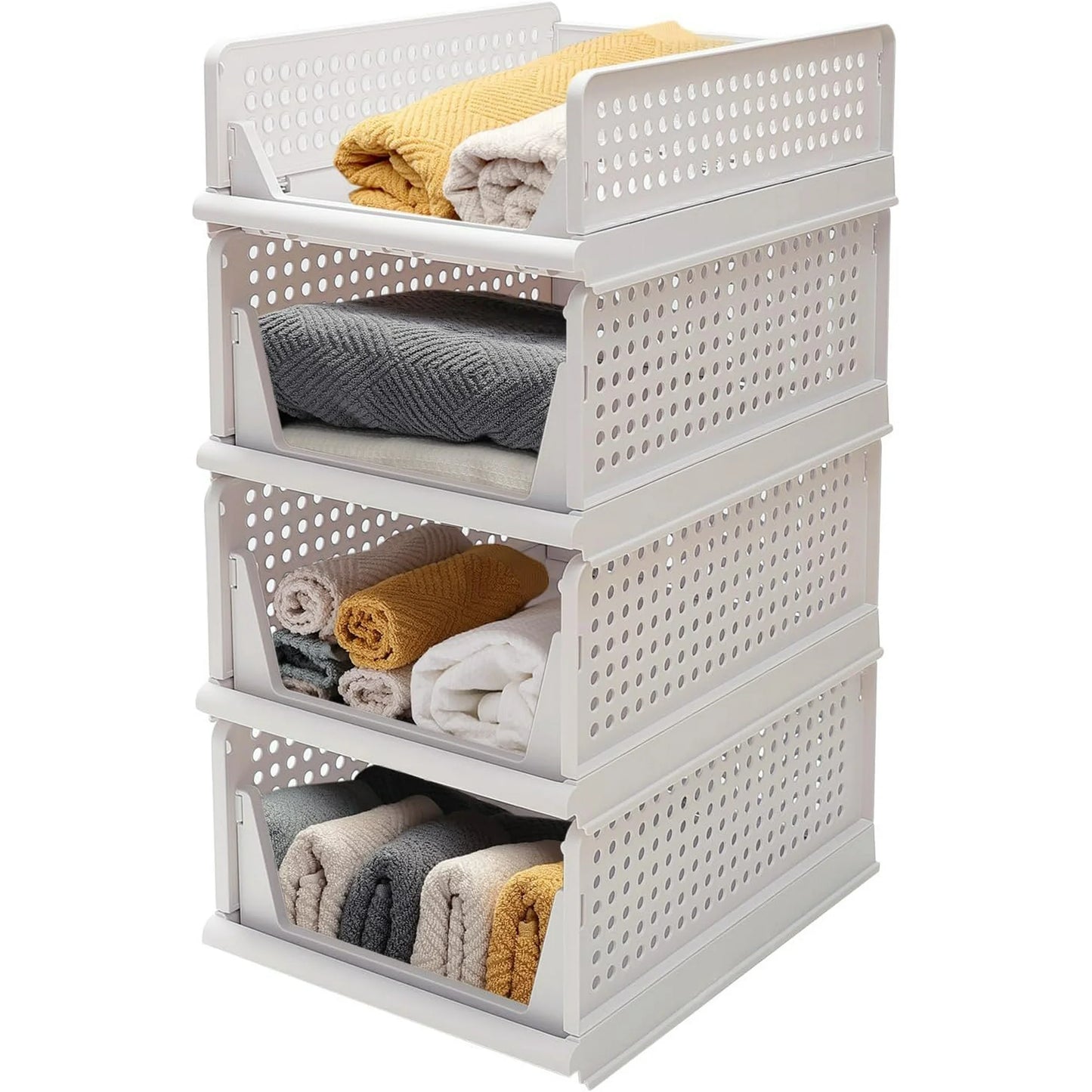 Stackable Plastic Storage Basket, 4 Pack Foldable Closet Organizers and Storage Bins, Closet Stackable Drawer Shelf Storage Container for Cupboard Bathroom Office Bedroom