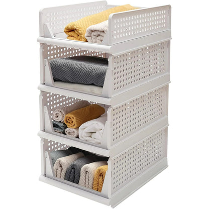 Stackable Plastic Storage Basket, 4 Pack Foldable Closet Organizers and Storage Bins, Closet Stackable Drawer Shelf Storage Container for Cupboard Bathroom Office Bedroom