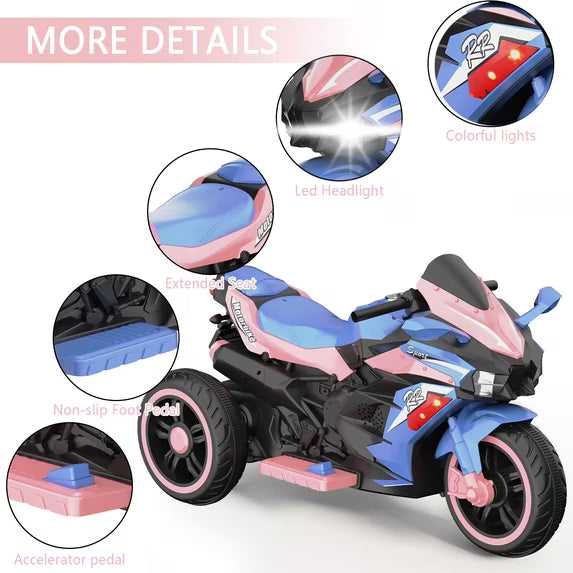 HNH 12V Ride on Motorcycle for Kids, 3 Wheels Battery Powered Motorcycle Toy with Remote Control, Bluetooth, Music, Light