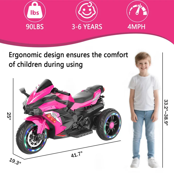 HNH 12V Ride on Motorcycle for Kids, Battery Powered 3 Wheels Motorcycle Toy with Bluetooth, Music, Light