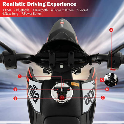 12V Kids Motorcycle, Licensed Aprilia Electric Motorcycle Ride On Toy w/Training Wheels, Spring Suspension, LED Lights, Sounds & Music, Battery Powered Dirt Bike for Boys & Girls, Red
