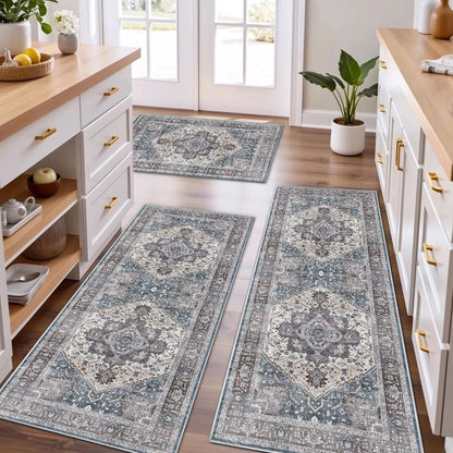 TECHVIDA Kitchen Rugs 3 Piece Set,Non Slip Machine Washable Kitchen Mats,Boho Vintage Abstract Kitchen Carpet for Farmhouse Living Room Hallway