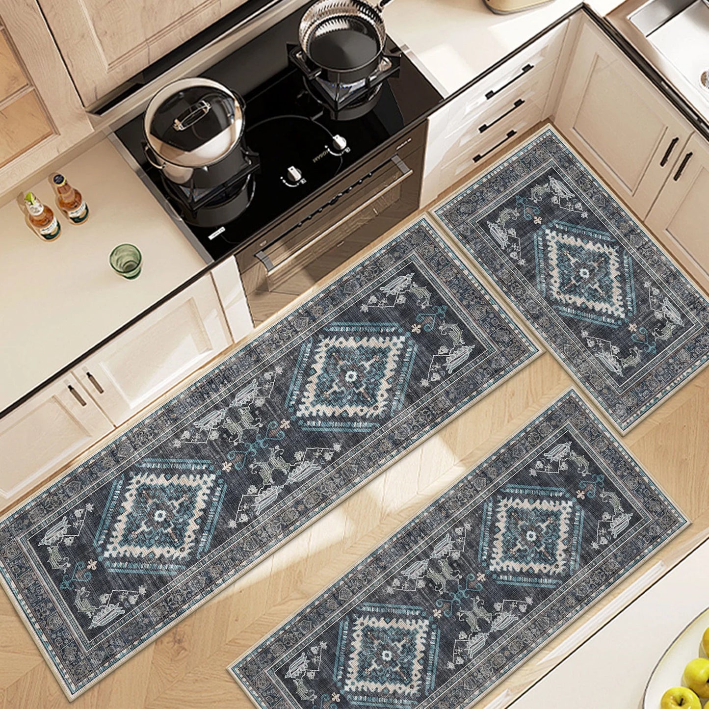 TECHVIDA Kitchen Rugs 3 Piece Set,Non Slip Machine Washable Kitchen Mats,Boho Vintage Abstract Kitchen Carpet for Farmhouse Living Room Hallway