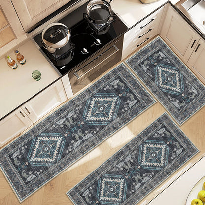 TECHVIDA Kitchen Rugs 3 Piece Set,Non Slip Machine Washable Kitchen Mats,Boho Vintage Abstract Kitchen Carpet for Farmhouse Living Room Hallway