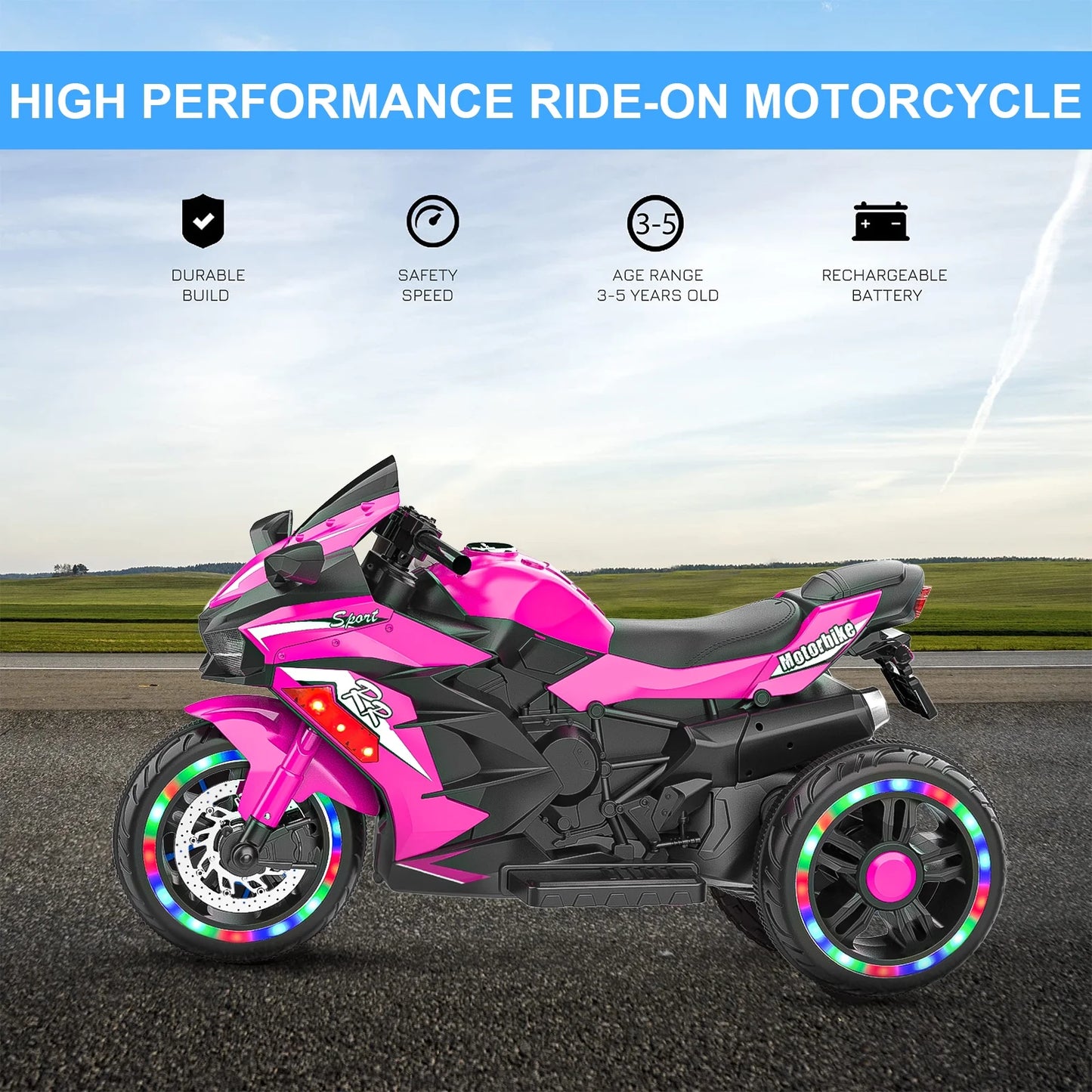 HONGLONG Ride on Toys 12v Battery Powered Ride on Motorcycle for Kids 3 Wheels Motorcycle with LED Lights Music Pink,Child