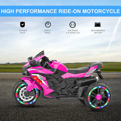 HONGLONG Ride on Toys 12v Battery Powered Ride on Motorcycle for Kids 3 Wheels Motorcycle with LED Lights Music Pink,Child