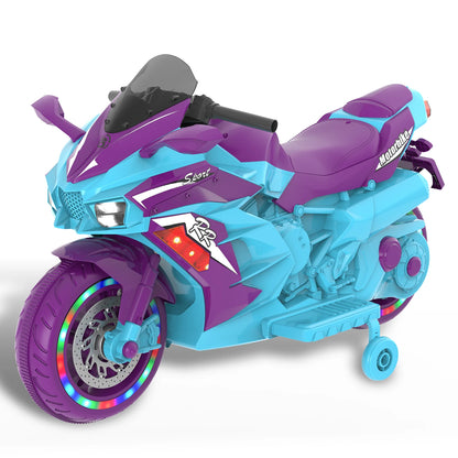 HNH 12V Ride on Motorcycle for Kids, Electric Motorcycle with Music, Bluetooth, Lights, Training Wheels