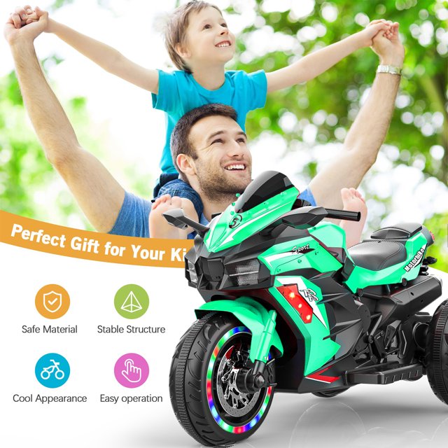 Cheelom 12V Kids Electric Motorcycle/ Ride on Motorbike, Three lighting Wheels Music,LED，Buletooth，Green