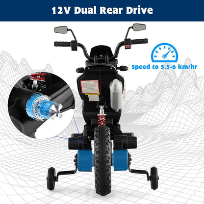 TECHVIDA Kids Motorcycle,12V Ride on Electric Dirt Bike with Training Wheels, Spring Suspension, Battery Powered Off Road Motorbike Toy with 2 Speeds, Bluetooth, Lights