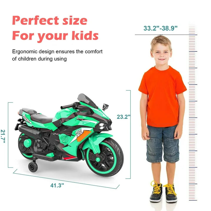 Werseon 12V Ride On Motorcycle, Battery Powered Electric Motorcycle for Kids, Ride on Toy with LED Light Wheels, MP3, Bluetooth, Green