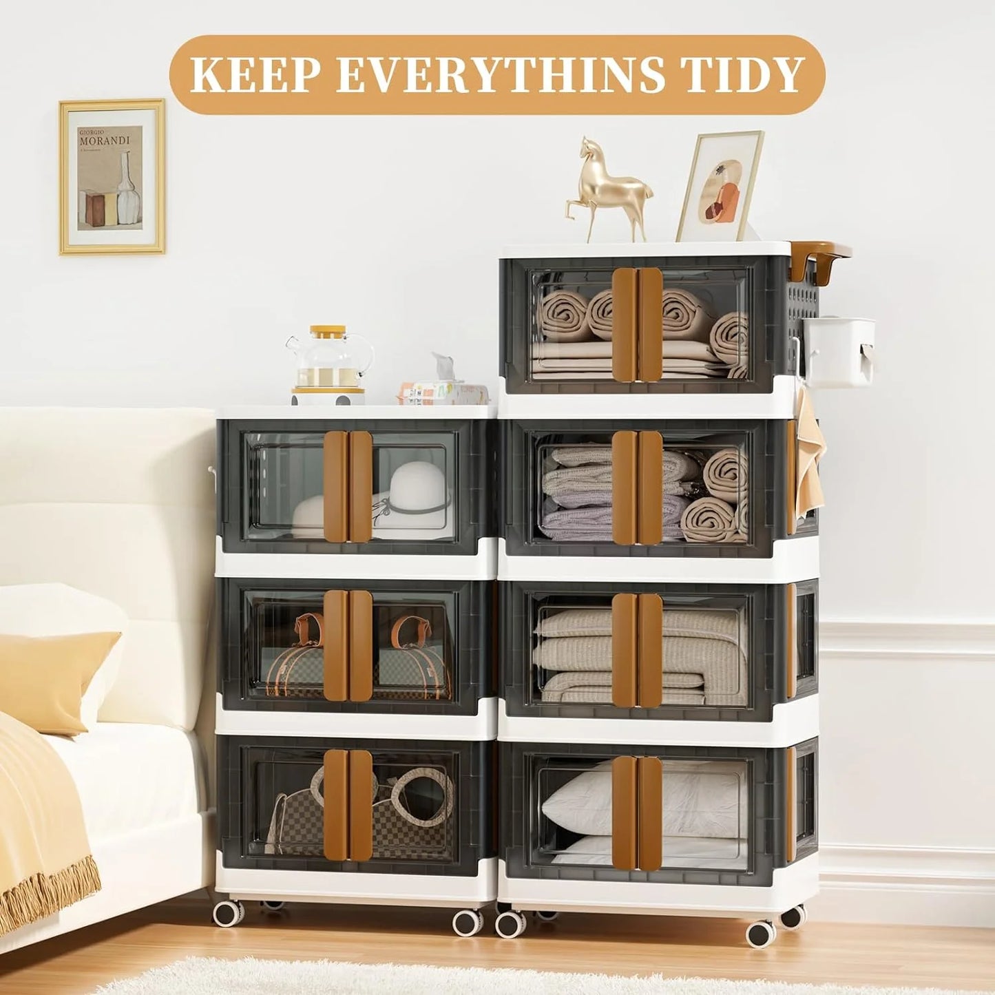 WERSEON 4 Pack Collapsible Storage Bins w/ Lids 130QT Stackable Storage Containers w/ Doors Wheels Handle