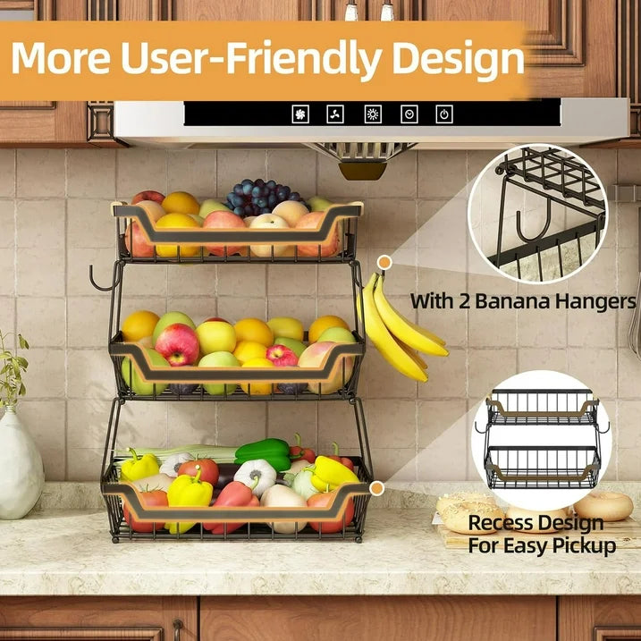 WERSEON 3 Tier Countertop Fruit Basket, Fruit Bowls with 2 Hangers for Kitchen, Detachable Metal Organizer Basket for Bread Vegetable Fruits with Wooden Handle
