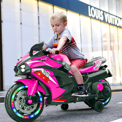 Cheelom 12V Kids Ride on Motorcycle, 2 Wheels Motorbike for Kids with Training, Lights, Music Pink