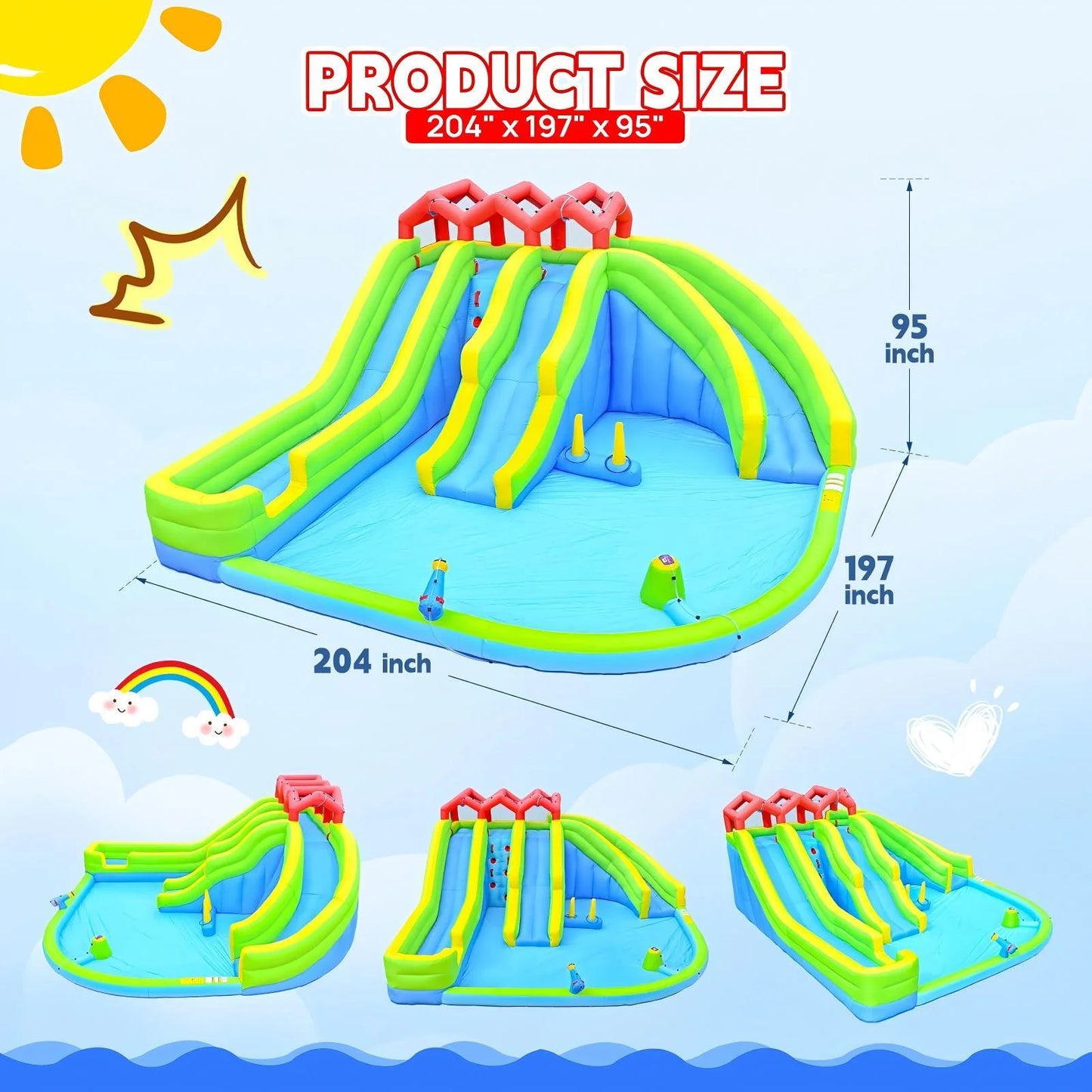 HNH Inflatable Water Three Slides Park, 7 in 1 Bounce House with Water Gun Sprinkler Fountain Climbing Wall, Jumping Castle with Air Blower
