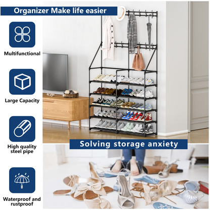 TECHVIDA Shoe Rack,Shoe Organizer 5-Tier,Coat Rack with Shoe Storage Coat Rack,16 Hooks,50 Pairs Shoe Shelf for Entryway,Black