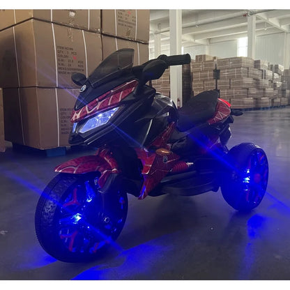 HNH 12V Spider Ride On Motorcycle, Kids Motorcycle for 3-6 Year old, With PU Seat, Training Wheels/Manual Throttle/Lighting Wheels/Wireless,Red