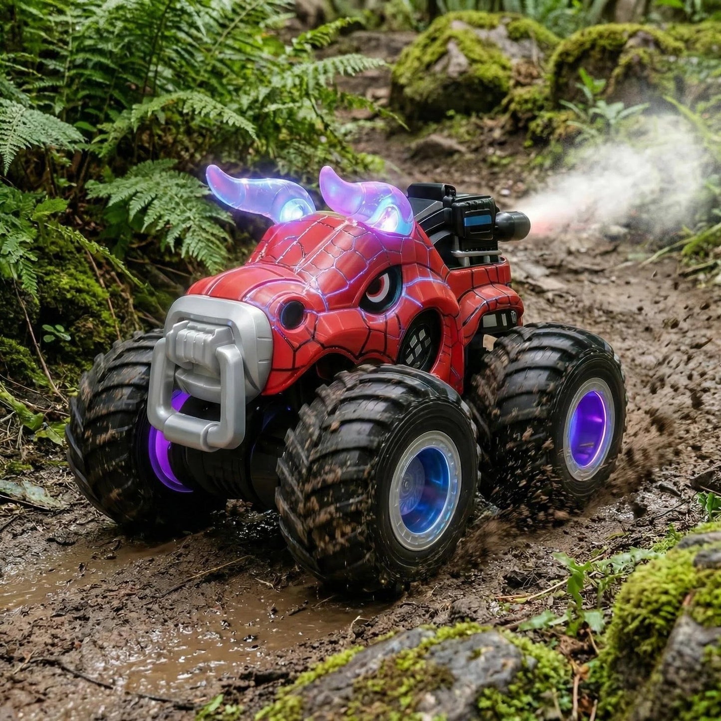 HNH 1:18 RC Monster Trucks Remote Control Car for Kids, 360°Rotating All Terrain RC Stunt Car with Light & Music, Cow-Red