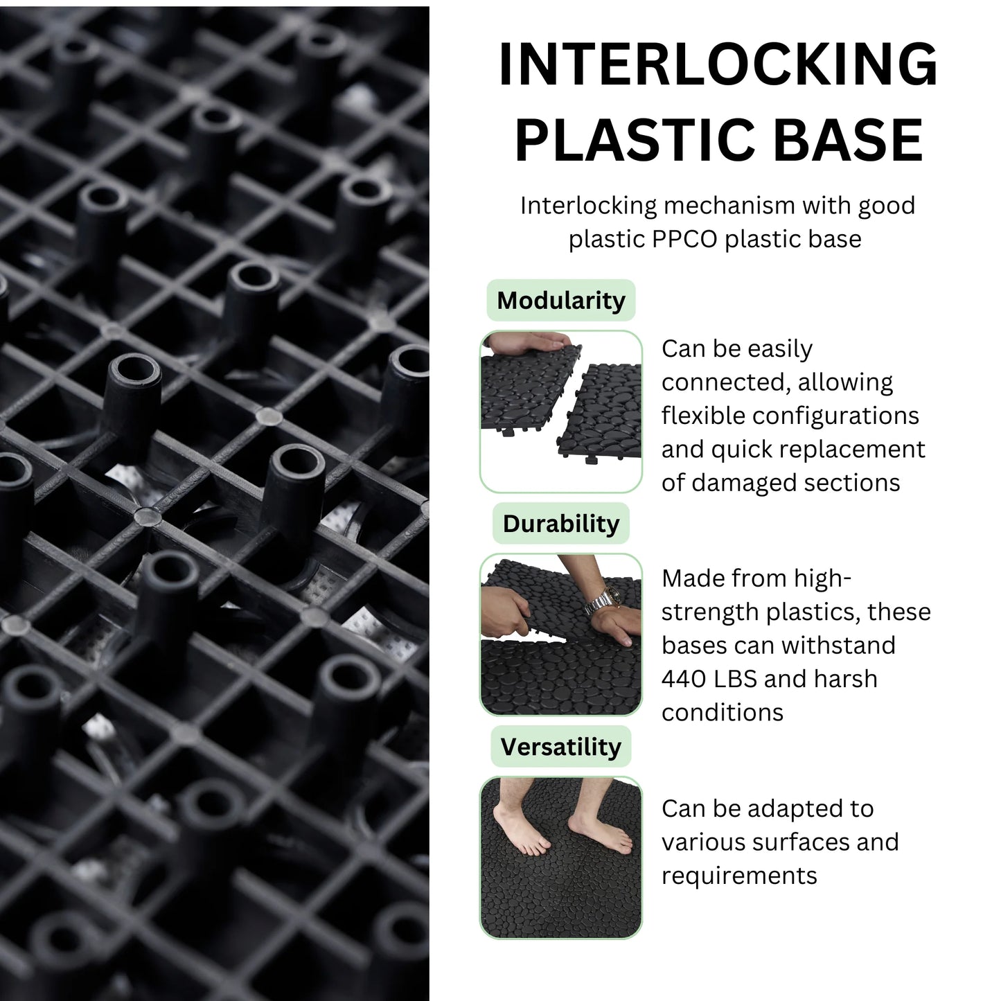 Werseon 12" x 12" Interlocking Deck Tiles, 12 PCS Plastic Waterproof Drainage Tiles Mats for Bathroom Porch Balcony Backyard, Weight Capacity Upto 440 LBS, Pebble Stone Pattern, Black