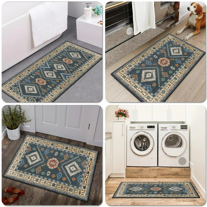FoxHouse Kitchen Rugs 2 Piece Set,Washable Non Slips Boho Kitchen Floor Mat,Thickness Comfort Standing Mat for Kitchen,Dark Blue