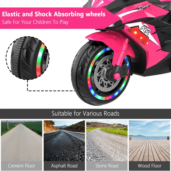 HNH 12V Ride on Toys for Girls, Electric Motorcycle Toys with Training Wheels, Powered Motorcycle with Music, Bluetooth, Lights