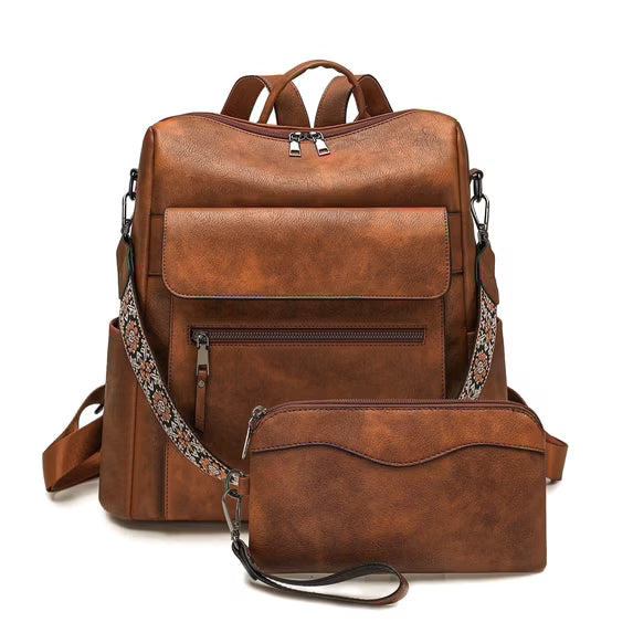 HONGLONG PU Leather Backpack Purse for Women Large Fashion Designer Travel Backpack Ladies Shoulder Bag - Brown