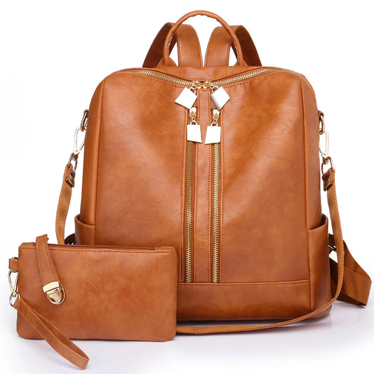 BATE Women's Backpack, Large Capacity Backpack,Leather Handbags and Shoulder Bag Travel Bags,Brown