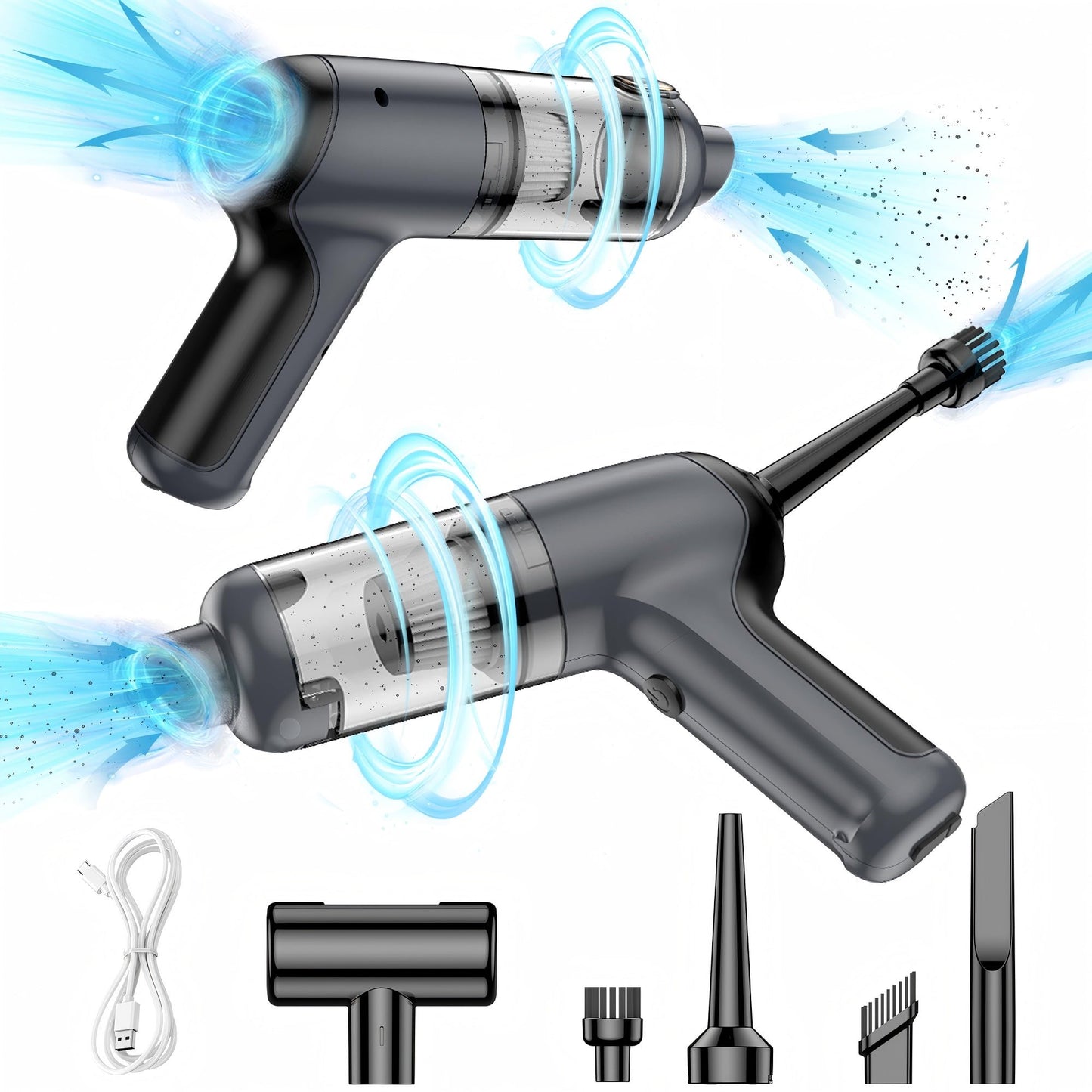 Bangben Car Vacuum Cleaner, Portable Cordless Vacuum Cleaner, Multifunctional Suction and Blow, with 5 Nozzles, Gray