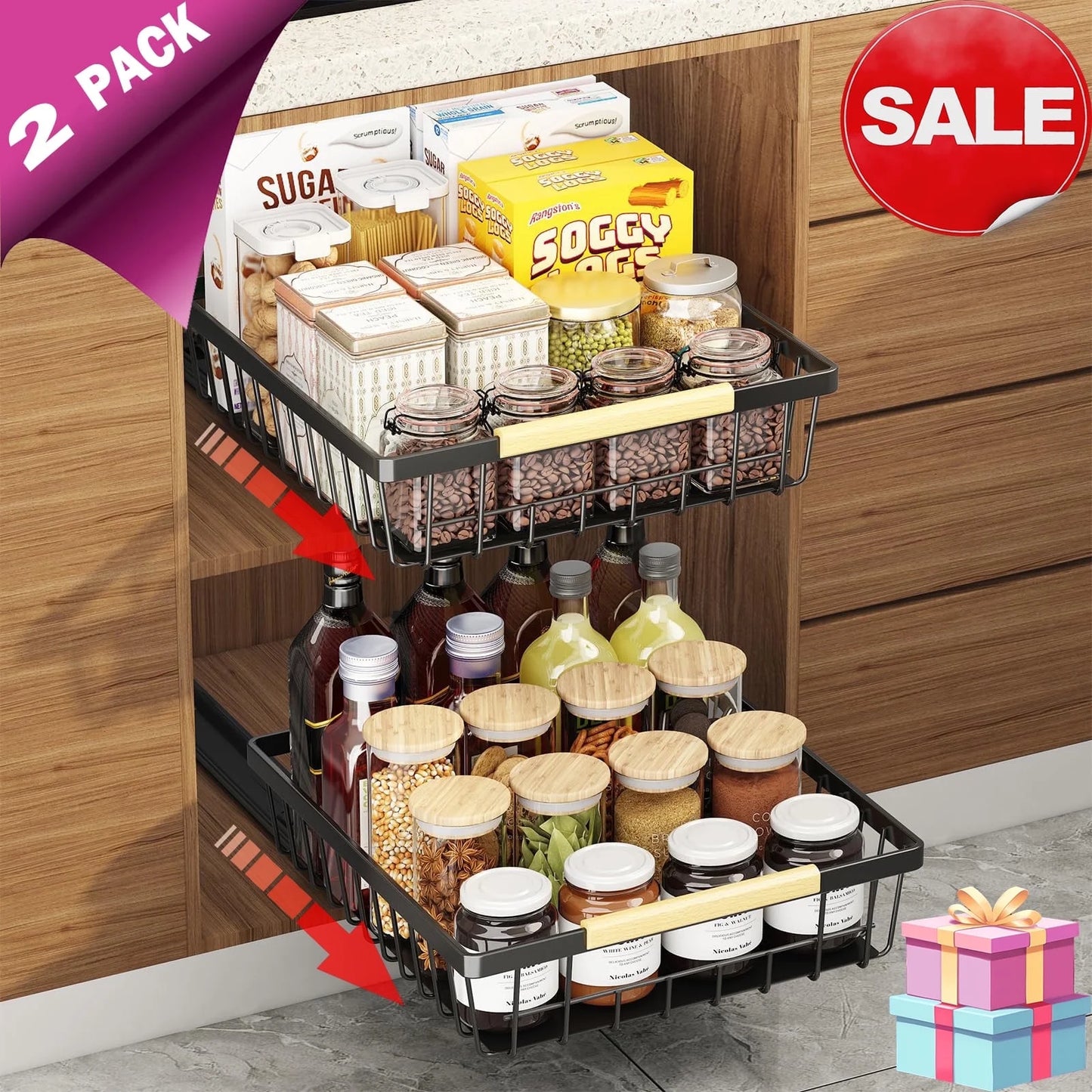 Cheelom 2 Pack Pull Out Cabinet Organizer, Metal Slide Out Drawers for Cabinets, Sliding Drawers Adhesive Nano Film Roll out Shelf for Kitchen