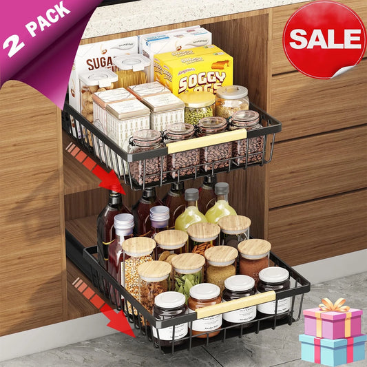 Cheelom 2 Pack Pull Out Cabinet Organizer, Metal Slide Out Drawers for Cabinets, Sliding Drawers Adhesive Nano Film Roll out Shelf for Kitchen