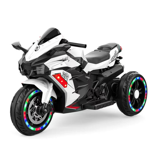 CMGB Battery Powered Electric Vehicle for Kids, 12V Kids Motorcycle with 3 Wheels, LED Lights, White