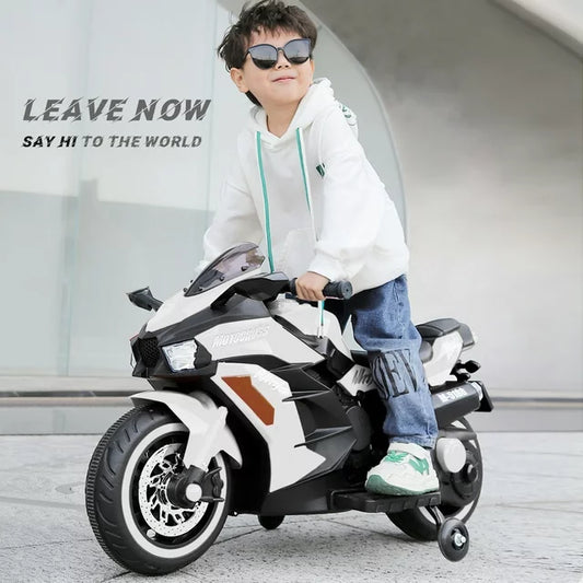 CMGB Kids Motorcycle,12V Ride on Motorcycle Kids Toys, Children Electric Motorcycle with Hand Racing, PU Seat, White