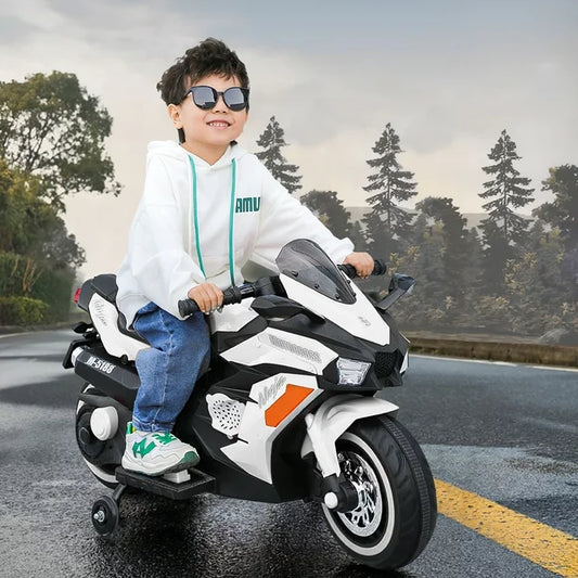 CMGB Kids Motorcycle,12V Ride on Motorcycle Kids Toys, Children Electric Motorcycle with Hand Racing, PU Seat, White