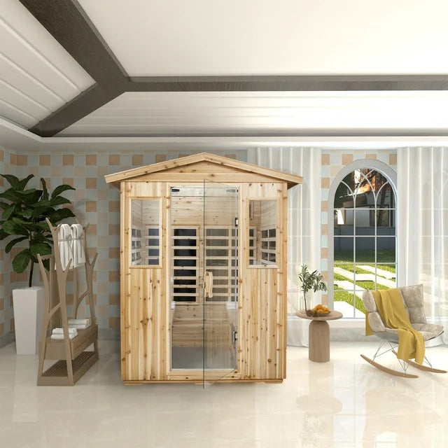 CMGB Sauna for 4 Person, Applicable Indoors and Outdoors. Far Infrared Sauna 8 Low EMF Heaters, Wooden Sauna Room, Hemlock, Chromotherapy, Bluetooth Speaker.