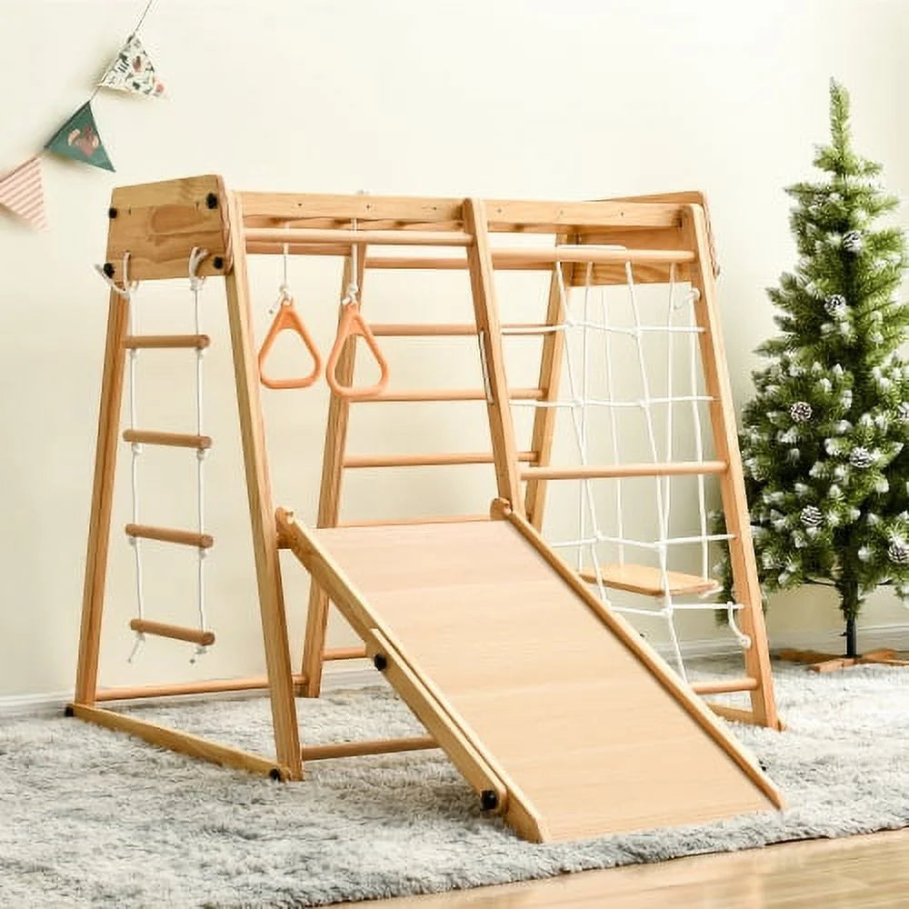 Cheelom 8-in-1 Wooden Indoor Kids Playground Jungle Gym with Slide Toddlers Wooden Climber with Slide Playset Wooden Rock Climbing Wall with Rope Wall Climb Monkey Bars and Swing for Kids