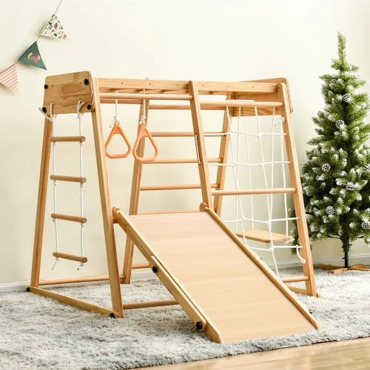 Cheelom 8-in-1 Wooden Indoor Kids Playground Jungle Gym with Slide Toddlers Wooden Climber with Slide Playset Wooden Rock Climbing Wall with Rope Wall Climb Monkey Bars and Swing for Kids