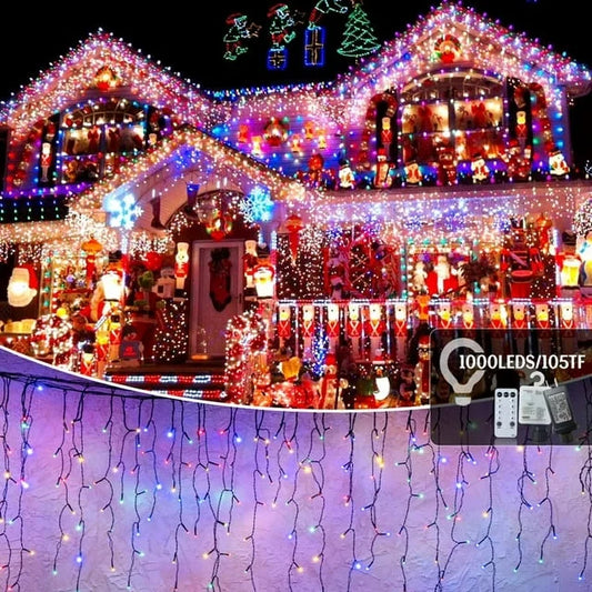 Cheelom Fairy String Party Decoration Lights Christmas Icicle Lights Outdoor Indoor 105ft 1000 Led 8 Modes with 50 Drops Plug In Waterproof Timer Memory Function Clearance Sales